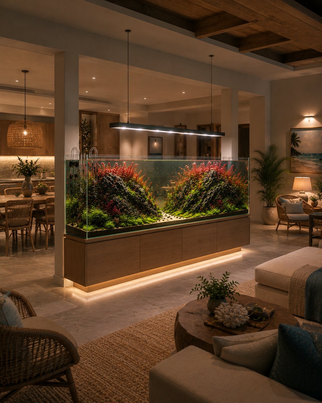 Luxury Florida home featuring an ADA-style rimless room divider aquarium with a custom walnut stand, dramatic Dragon Stone cliff aquascape, vibrant red aquatic plants, authentic ADA glass lily pipes, suspended LED aquarium lighting, and a warm coastal-inspired interior designed without direct sunlight on the aquarium.