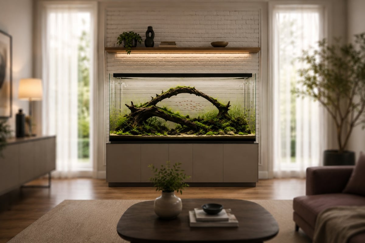 Modern living room with large built-in aquarium featuring driftwood and aquatic plants, centered between two tall windows with natural light