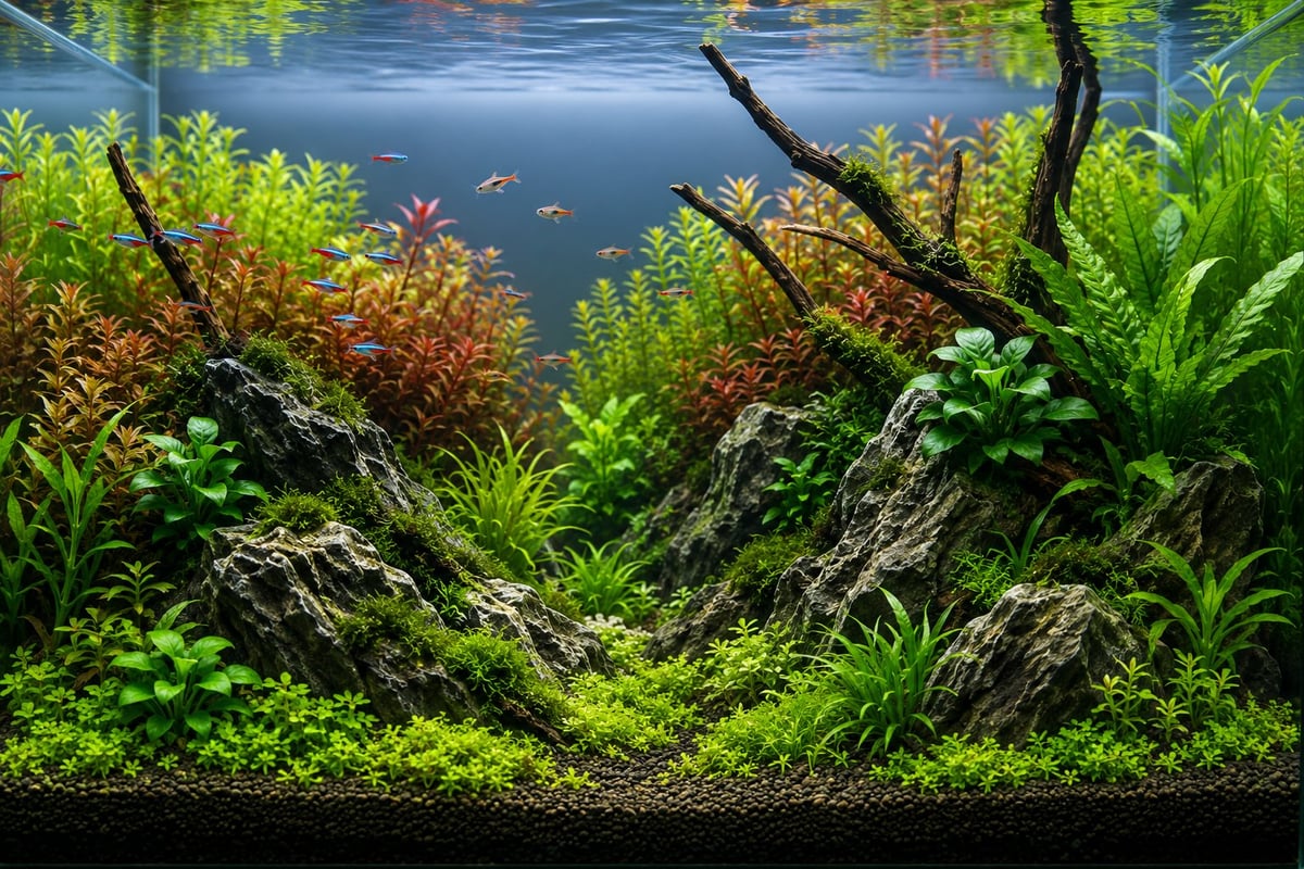 Healthy planted aquarium with vibrant green plants, strong root development, clear water, and thriving fish demonstrating a stable freshwater aquarium ecosystem.