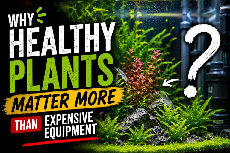 Healthy aquarium plants thriving in a planted tank beside expensive aquarium equipment, illustrating the importance of plant health in aquarium stability