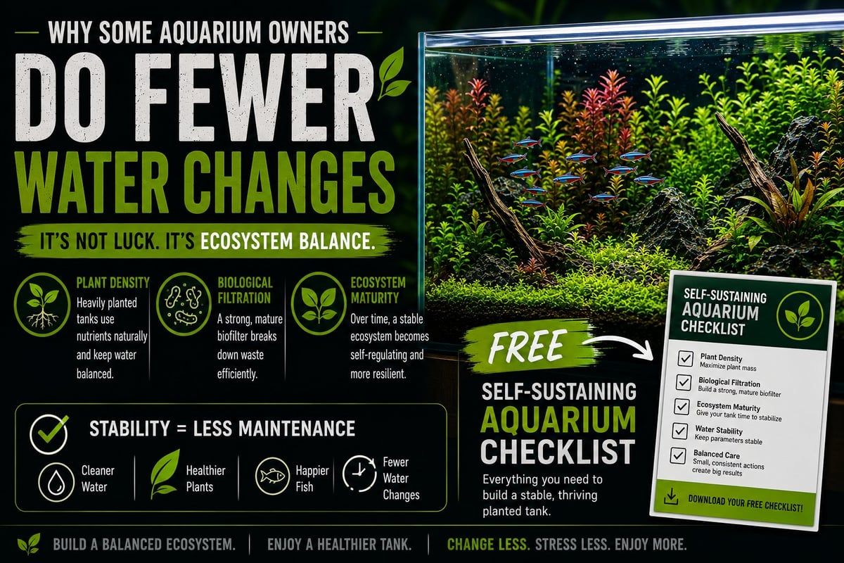 Infographic explaining why aquarium owners do fewer water changes through ecosystem balance, with planted tank example and self-sustaining aquarium checklist.