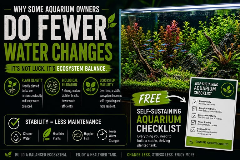 Infographic explaining why aquarium owners do fewer water changes through ecosystem balance