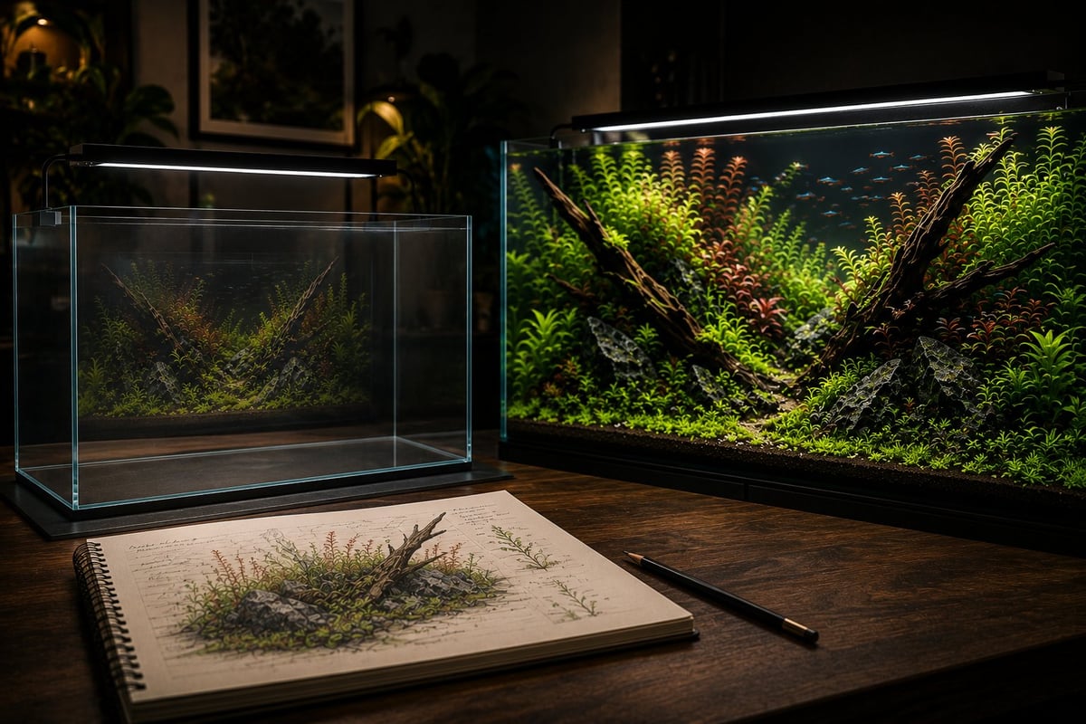 Two illuminated terrariums and a sketch of plants on a wooden desk in a dark room