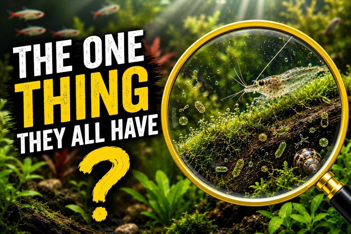 Magnifying glass highlighting biofilm and a shrimp grazing on moss in a self-sustaining aquarium setup