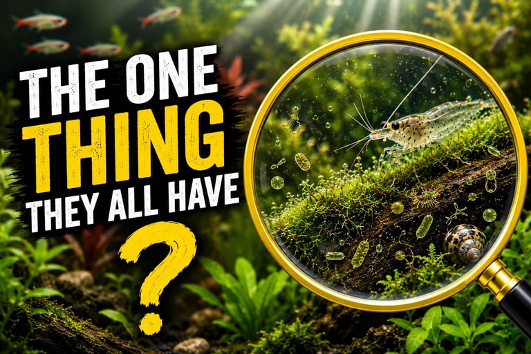 Magnifying glass highlighting biofilm and a shrimp grazing on moss in a self-sustaining aquarium setup