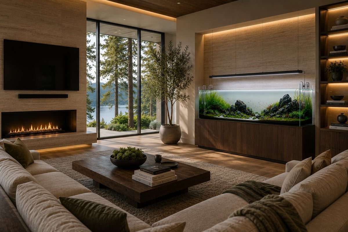 Luxury biophilic living room featuring a custom rimless planted aquarium, natural stone fireplace with television, warm wood finishes, indirect natural light, and calming organic materials overlooking a peaceful lake.