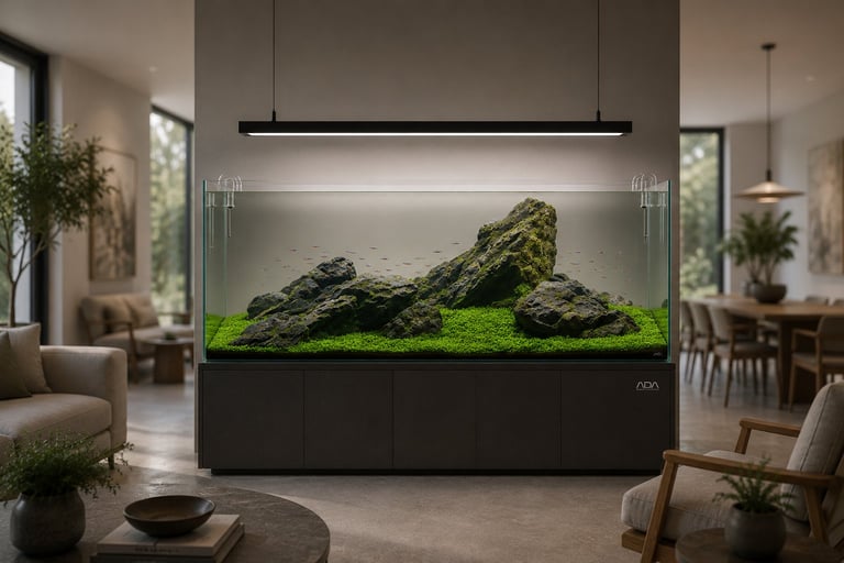 Modern aquarium with moss carpet and rocks as centerpiece in a minimalist living room with natural lighting and furnishings