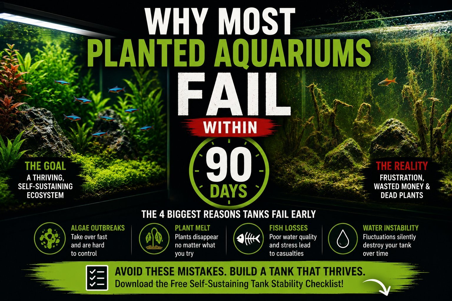 Infographic showing why planted aquariums fail within 90 days, comparing goals vs reality and listing 4 biggest reasons for early tank failure.