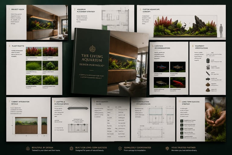 The Living Aquarium Design Portfolio showing a luxury aquarium design presentation with aquascape concepts, placement plans, equipment specifications, construction drawings, and project documentation.