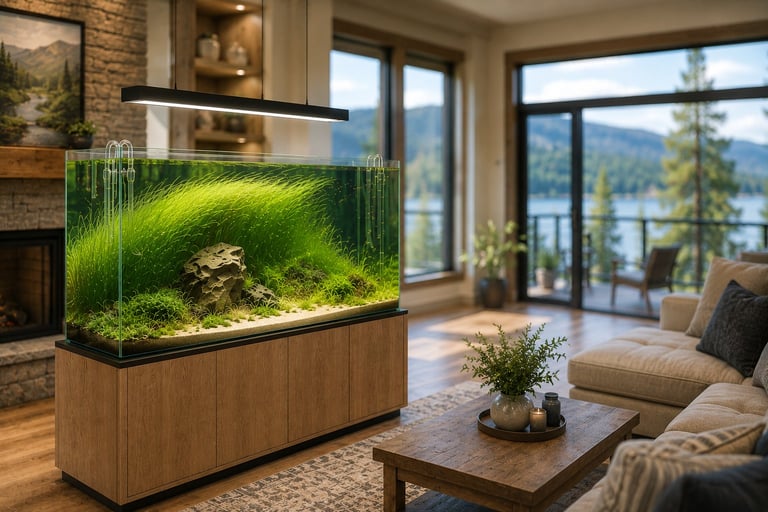 Lush green aquascape aquarium with wood base in modern living room overlooking mountains and lake through large windows