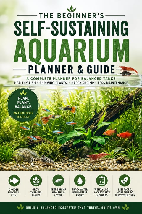 Book cover for The Beginners Self-Sustaining Aquarium Planner and Guide, featuring a planted aquarium with colorful fish and the tagline Plan. Plant. Balance.