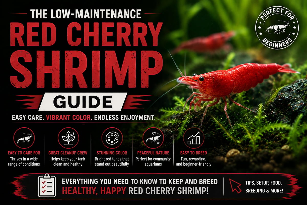 Red cherry shrimp care guide cover featuring a vibrant red shrimp on green moss with care icons and maintenance information.
