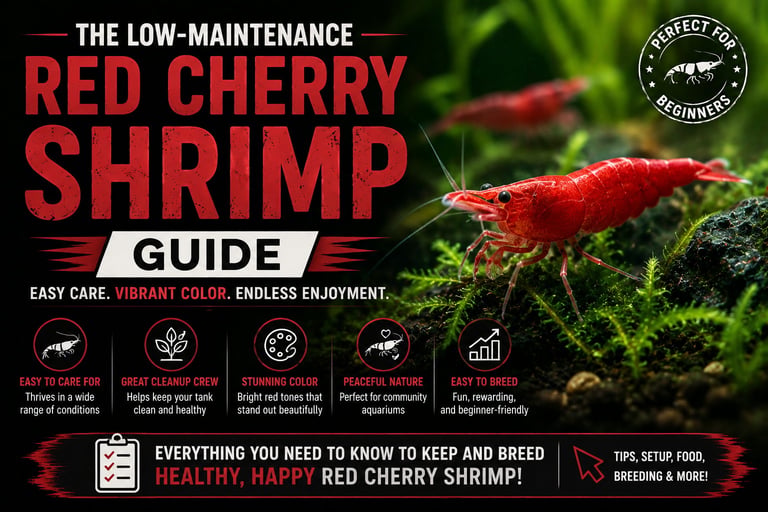 Red cherry shrimp care guide cover featuring a vibrant red shrimp on green moss with care icons and maintenance information