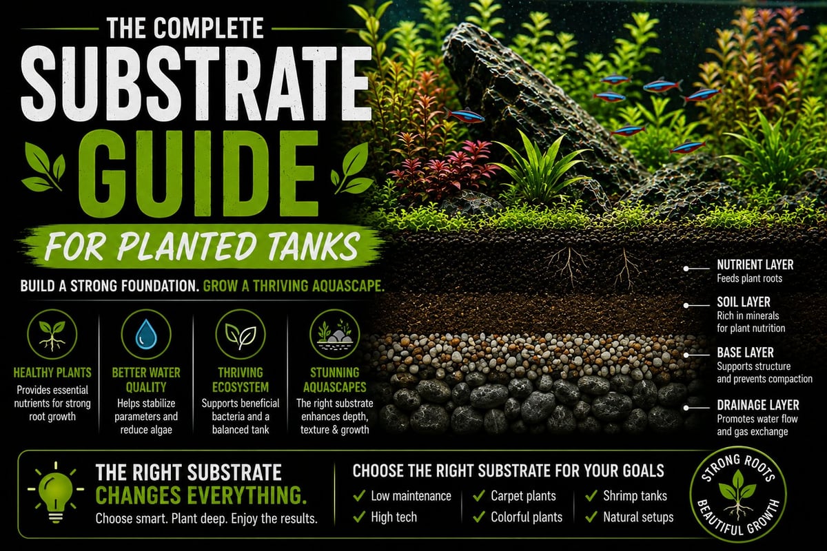 Infographic showing substrate layers and selection guide for planted aquariums, with soil, nutrients, and drainage components illustrated.