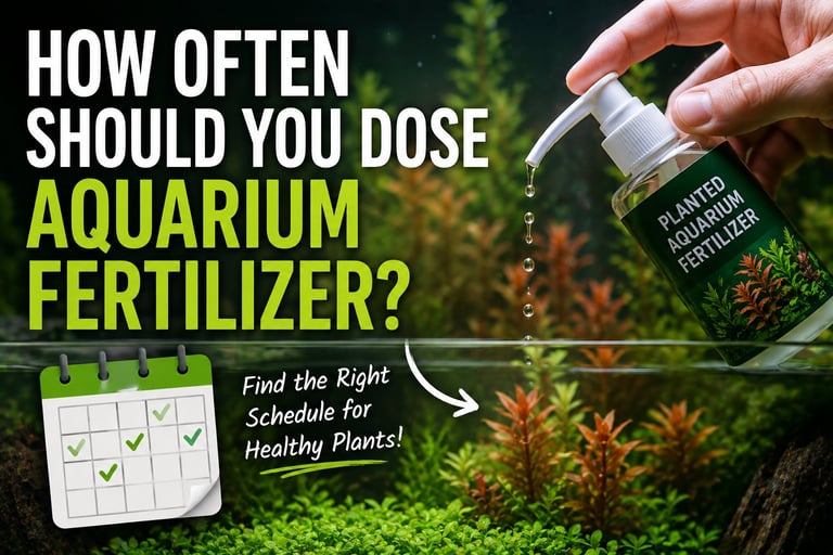 Hand dosing liquid aquarium fertilizer into a lush planted aquarium with healthy aquatic plants
