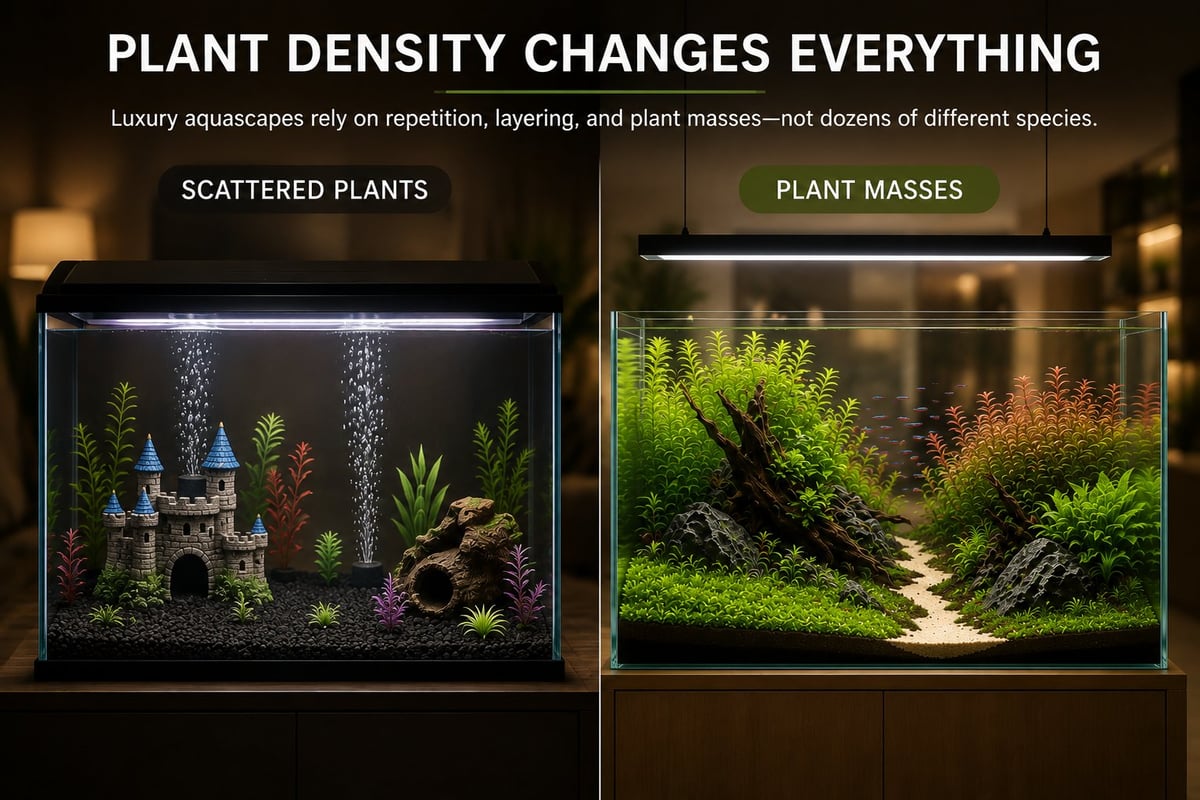 Side-by-side comparison of two freshwater aquariums illustrating how plant density affects aquascape design. The left aquarium features scattered artificial plants, blue gravel, a castle ornament, bubbler, and hood light typical of a beginner setup. The right aquarium showcases a custom ADA-style rimless planted aquarium with dense plant masses, layered vegetation, natural hardscape, and a Takashi Amano-inspired Nature Aquarium layout.