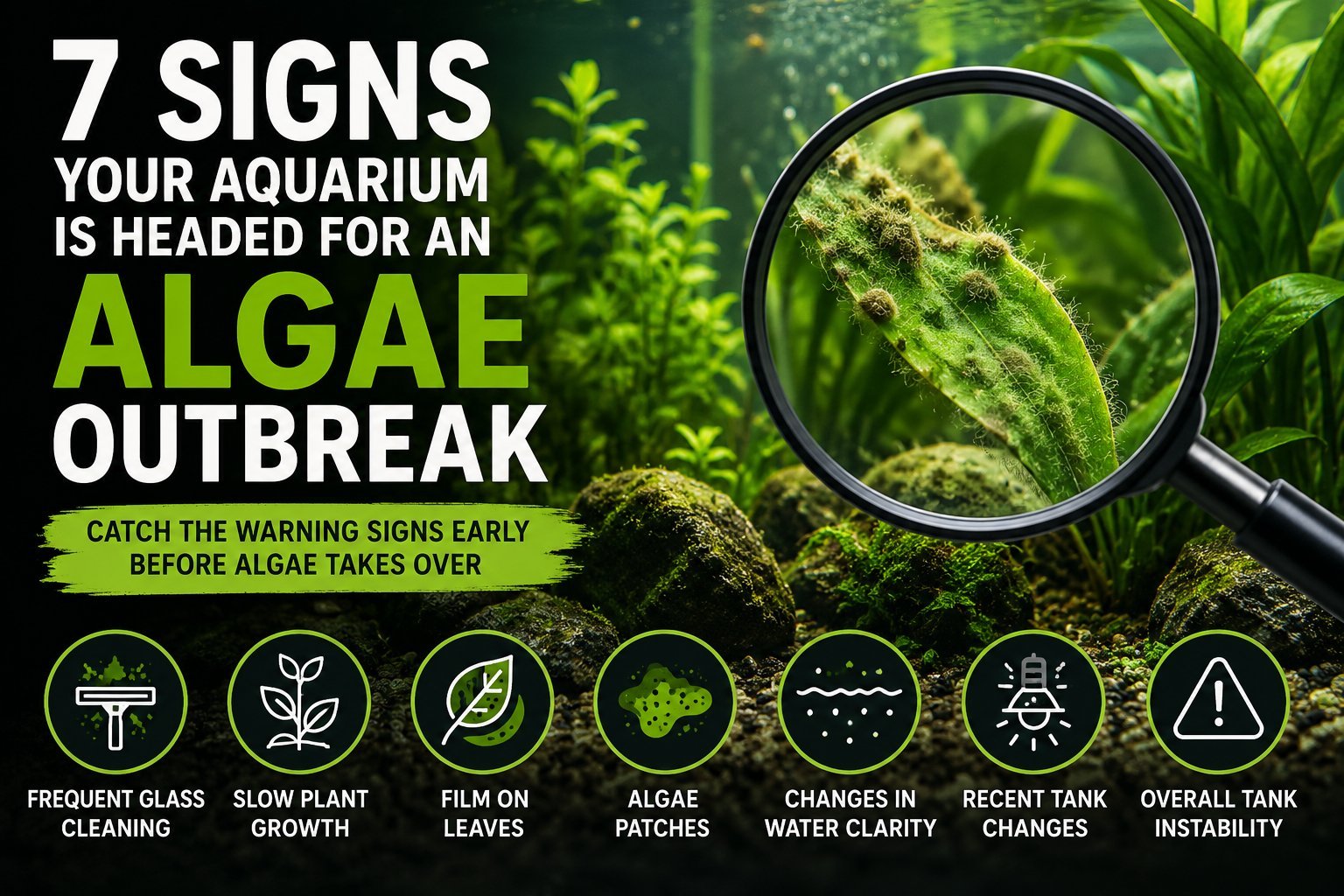 Infographic showing 7 warning signs of aquarium algae outbreaks, including frequent cleaning, slow plant growth, film, patches, water clarity changes, tank instability, and visible algae.