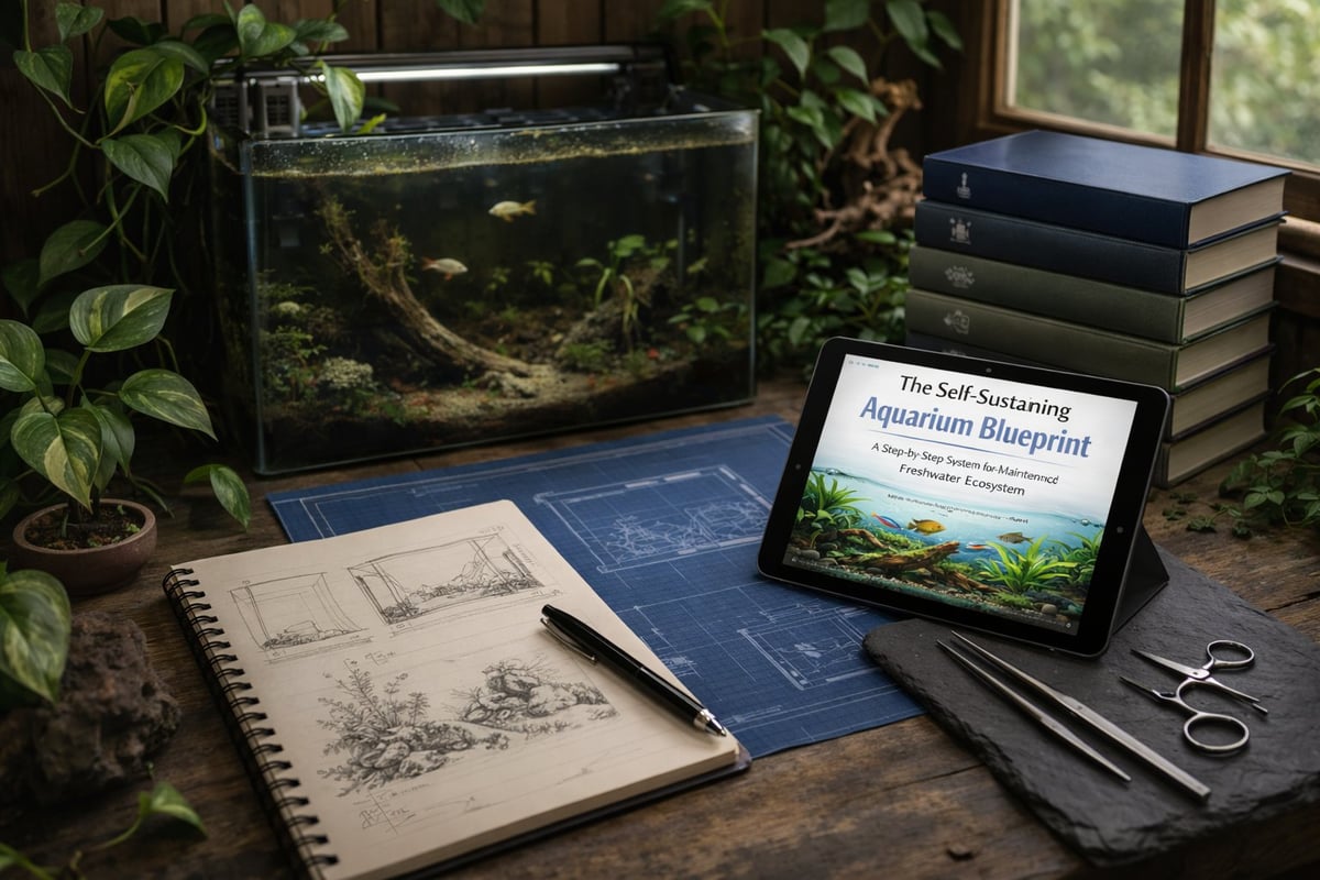 Aquarium setup workspace with fish tank, aquatic plants, sketches in spiral notebook, blueprint, tablet showing aquarium guide, books, and design tools on wooden table