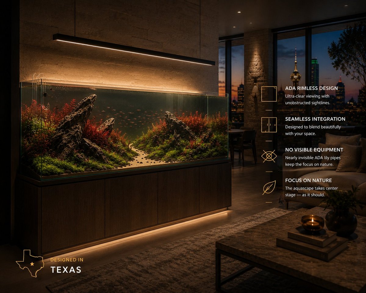 Luxury Texas home featuring an ADA-style rimless planted aquarium with a custom matching walnut stand, Dragon Stone Nature Aquarium aquascape, vibrant red aquatic plants, nearly invisible ADA glass lily pipes, and completely concealed filtration for a clean architectural appearance.