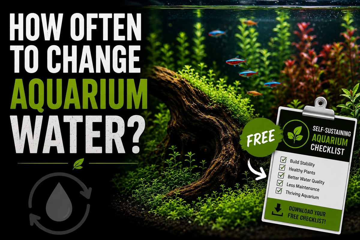 Planted aquarium with healthy plants and fish illustrating how often to change aquarium water and promoting a free self-sustaining aquarium checklist