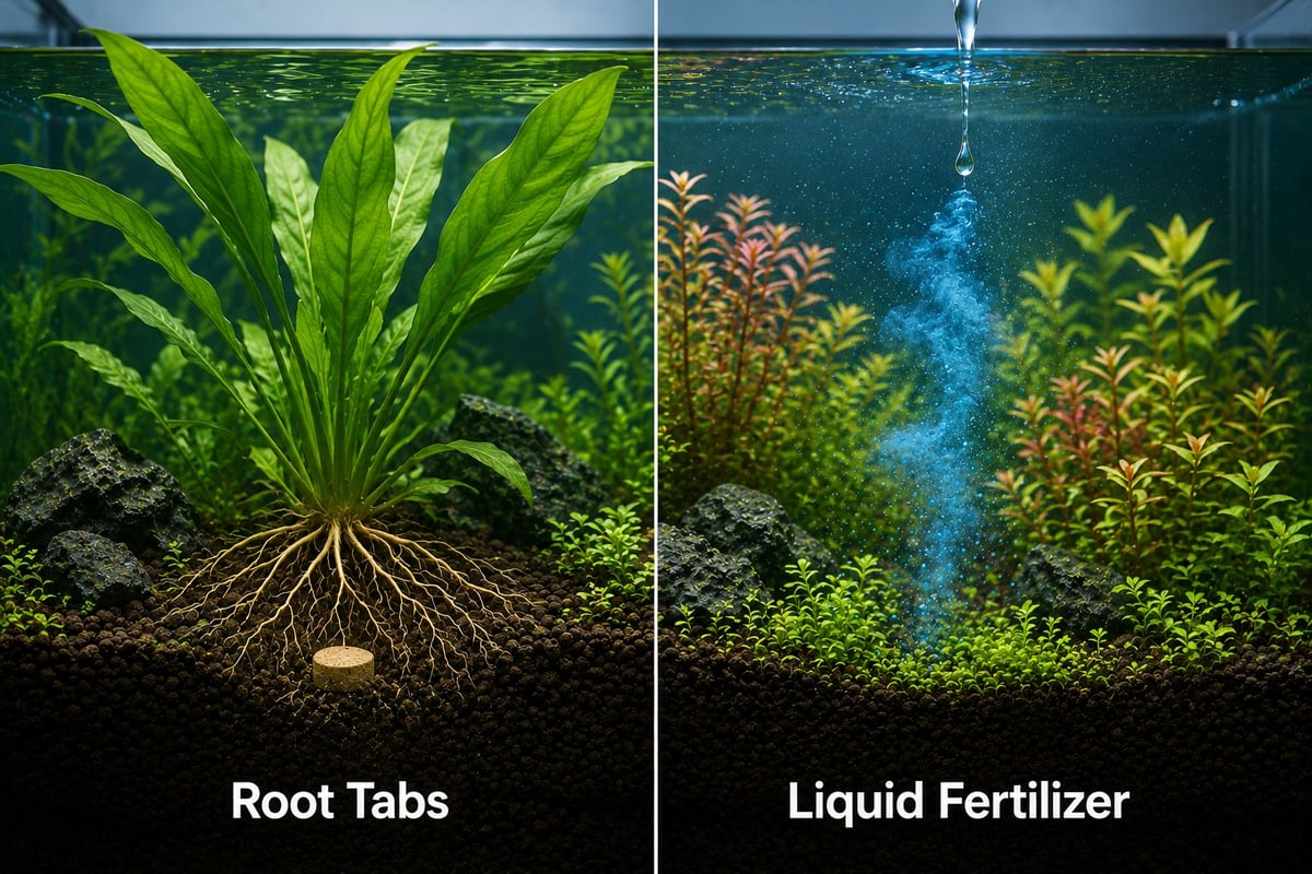 Split-view illustration comparing root tabs and liquid fertilizer in a planted aquarium. The left side shows plant roots drawing nutrients from a root tab beneath the substrate, while the right side shows liquid fertilizer dispersing through the water column around stem plants.
