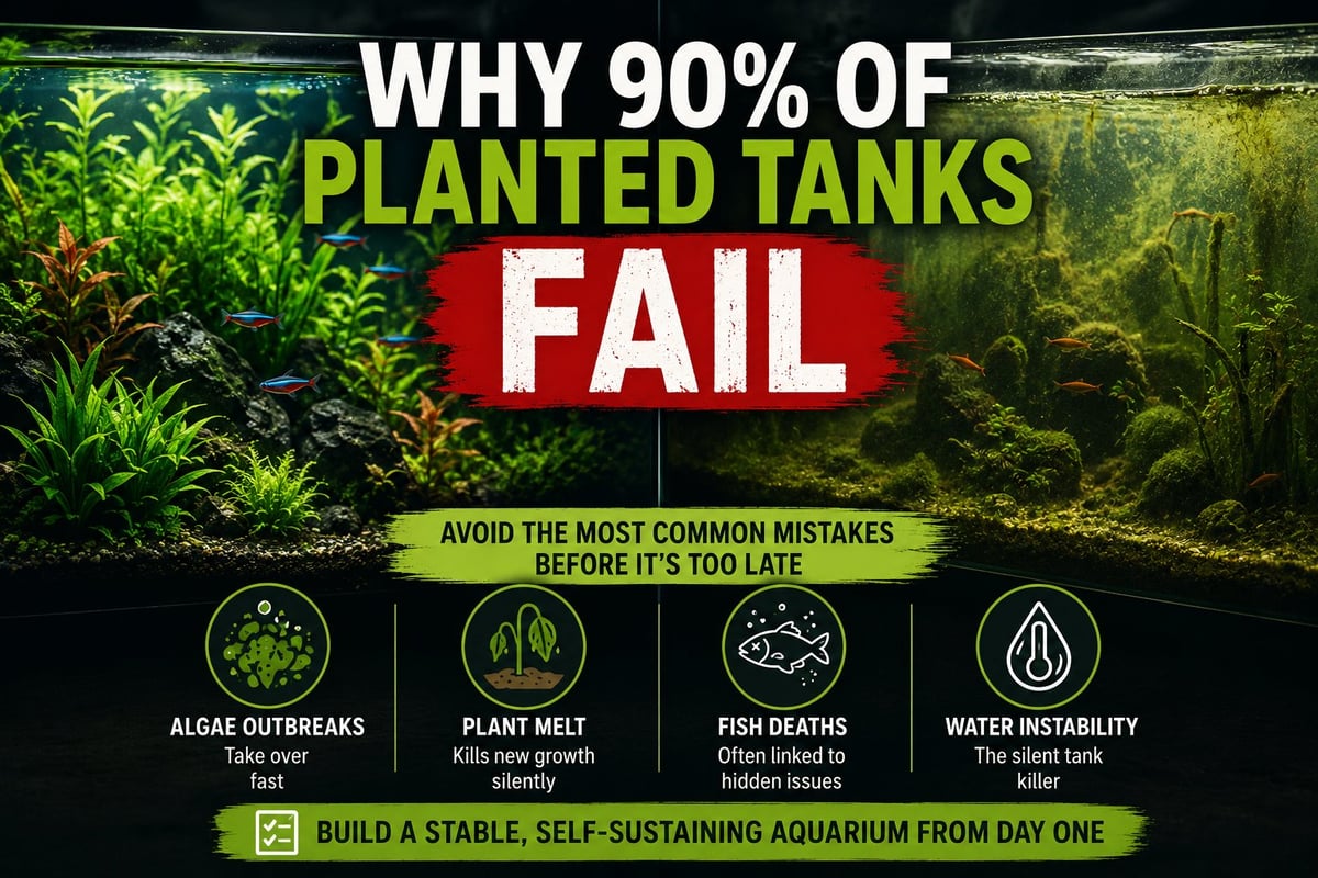 Infographic explaining why 90% of planted aquarium tanks fail, showing common mistakes: algae outbreaks, plant melt, fish deaths, and water instability