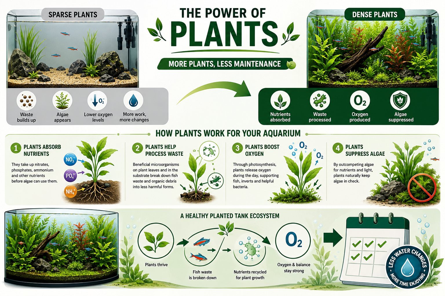 Infographic showing the benefits of aquarium plants including sparse and dense plant types, how plants work in aquariums, and creating a healthy planted tank ecosystem.