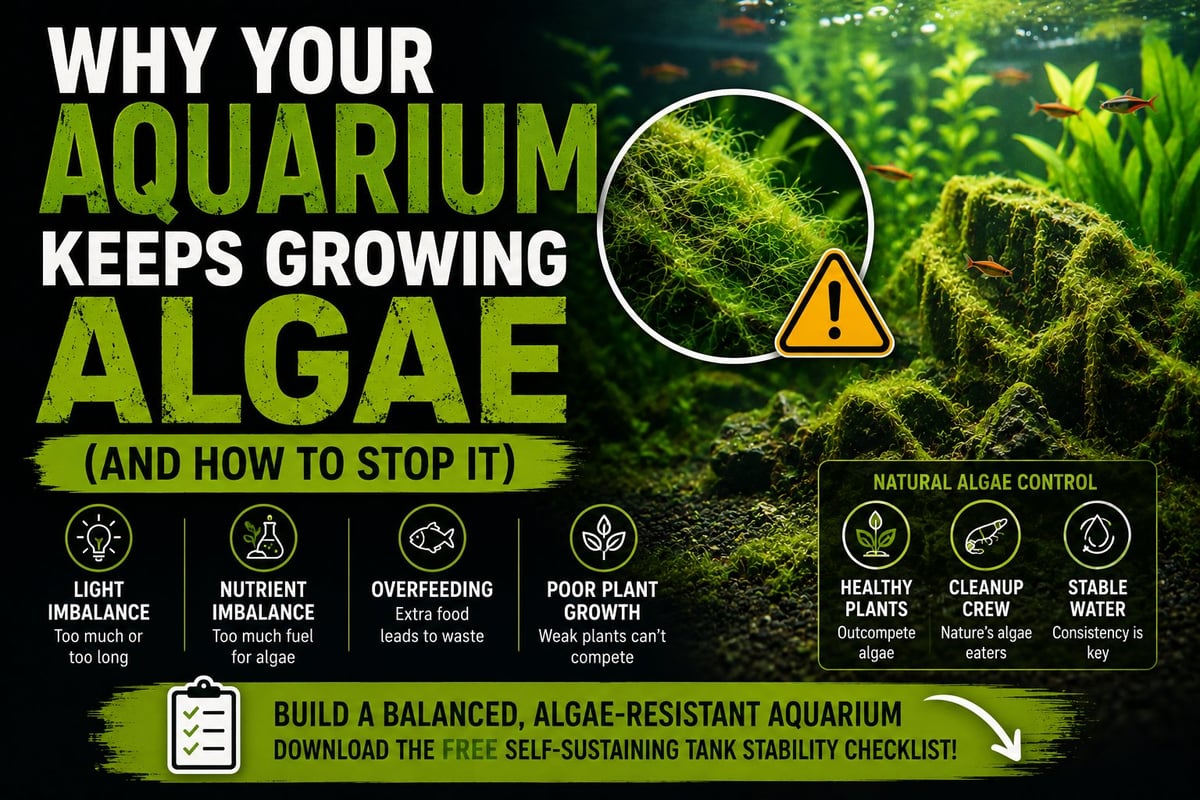 Infographic explaining aquarium algae growth causes and prevention methods, featuring icons for light, nutrients, overfeeding, and plant health with solutions for balanced tank stability.