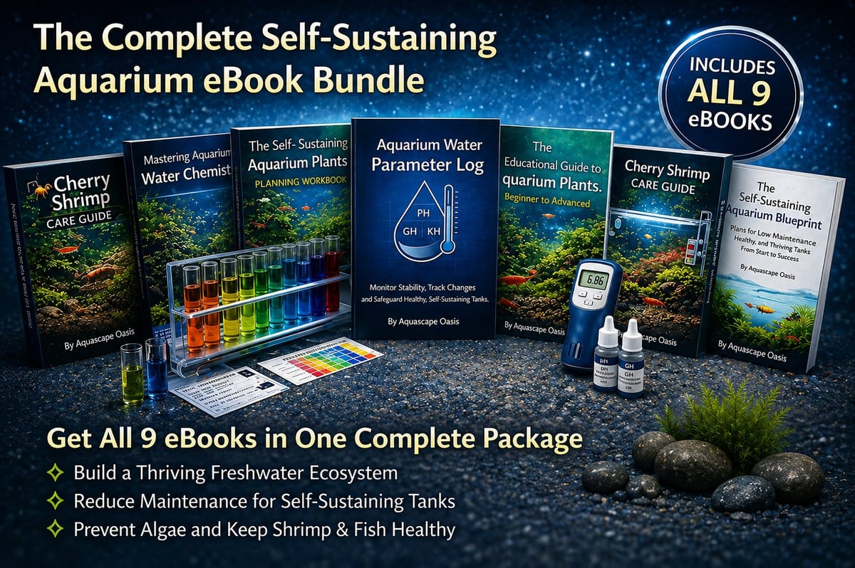 The Complete Self-Sustaining Aquarium eBook Bundle with 9 books displayed including guides on aquarium plants, water parameters, and cherry shrimp care, featuring testing equipment and accessories on a dark background