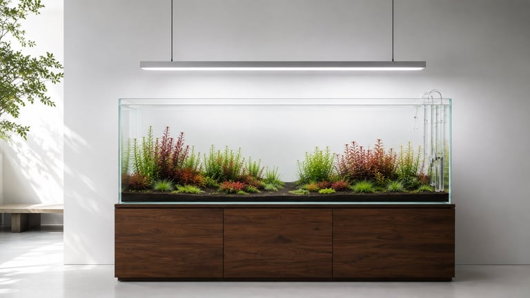 Freshly planted Dutch aquascape with healthy stem plant groups and rimless aquarium.