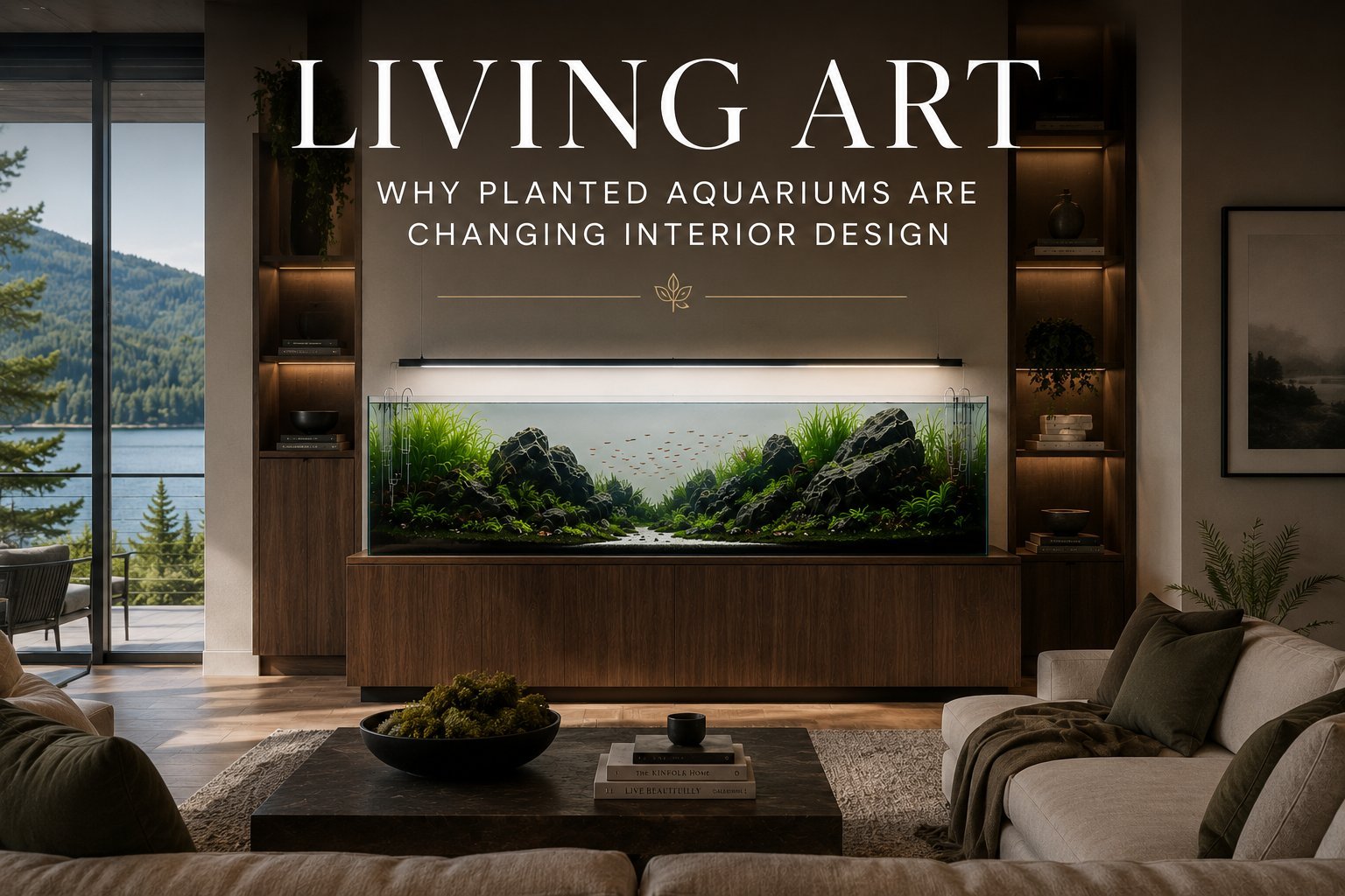 Luxury living room featuring a custom rimless planted aquarium with a minimalist aquascape, premium suspended LED lighting, and elegant walnut cabinetry, illustrating how living art transforms modern interior design.