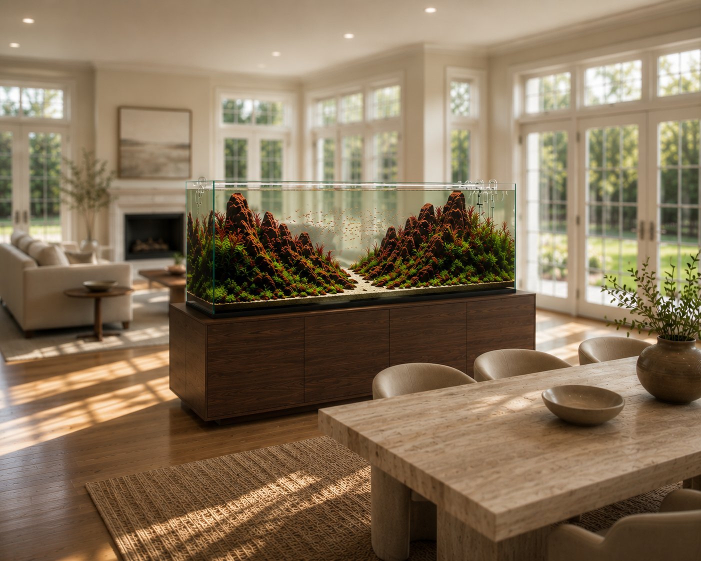 Modern living room with large aquarium centerpiece featuring aquatic plants, wood dining table, and bright sunlit interior with large windows