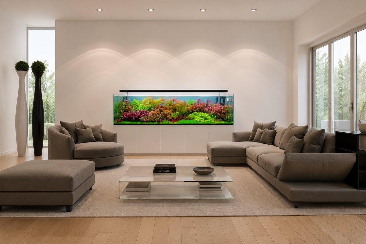 Modern living room with beige sectional seating, wall-mounted aquarium, and minimalist decor