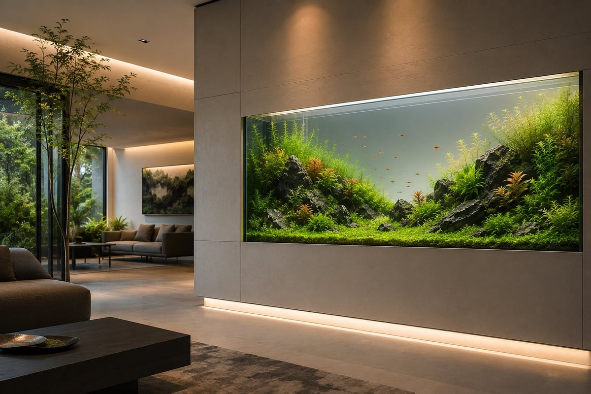 Large built-in planted aquarium seamlessly integrated into the wall of a luxury modern living room, featuring a lush rimless-style aquascape with natural stone, dense aquatic plants, and hidden equipment.