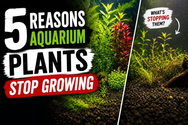 Infographic showing five reasons why aquarium plants stop growing, comparing healthy plants on the left with struggling plants on the right