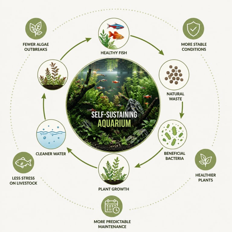 Infographic showing the natural cycle of a self-sustaining aquarium ecosystem, where fish, waste, beneficial bacteria, plants, and water quality work together to create long-term biological balance.