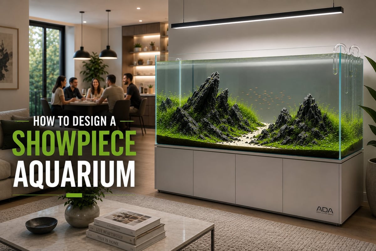 Luxury ADA rimless planted aquarium with an Iwagumi aquascape serving as the centerpiece of a modern living room, illustrating a professionally designed showpiece aquarium.