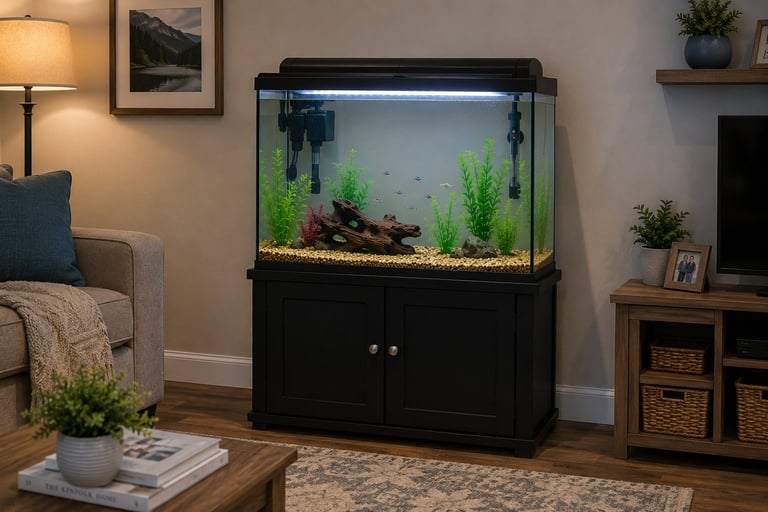 A standard store-bought aquarium kit in a cozy family living room featuring a black plastic hood, matching black cabinet, visible hang-on-back filter, heater, plastic aquarium plants, gravel substrate, driftwood decoration, and a small community of tropical fish.