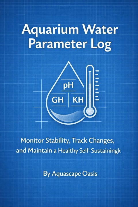 Blue grid background with water droplet icon containing pH, GH, and KH labels next to a thermometer. Title reads Aquarium Water Parameter Log by Aquascape Oasis.