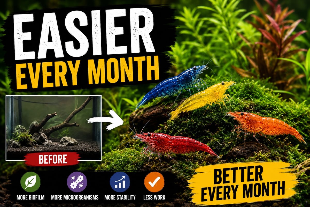 Blue Dream, Yellow Goldenback, Orange Sunkist, and Cherry Shrimp grazing on a moss-covered log in a mature low maintenance shrimp tank ecosystem