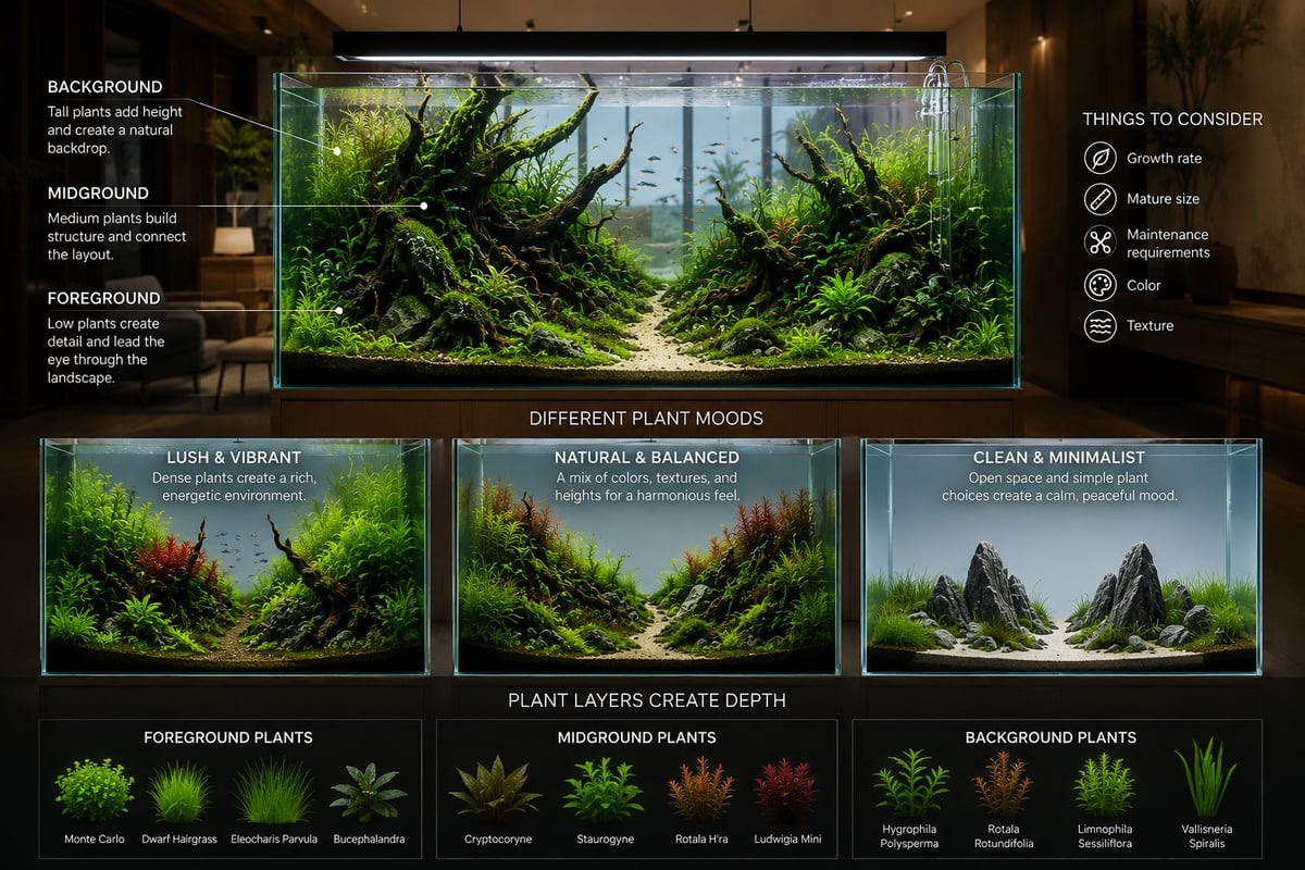 Educational infographic illustrating how aquatic plant selection influences aquascape design. The graphic explains foreground, midground, and background plant placement, compares lush, balanced, and minimalist planting styles, and highlights important considerations such as growth rate, mature size, maintenance requirements, color, and texture within a professionally aquascaped ADA-style planted aquarium.