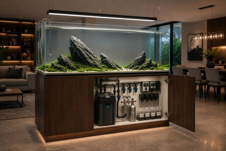 Modern aquarium with slate rockscaping and aquatic plants, mounted on dark wood cabinet with filtration equipment visible below, displayed in contemporary living room