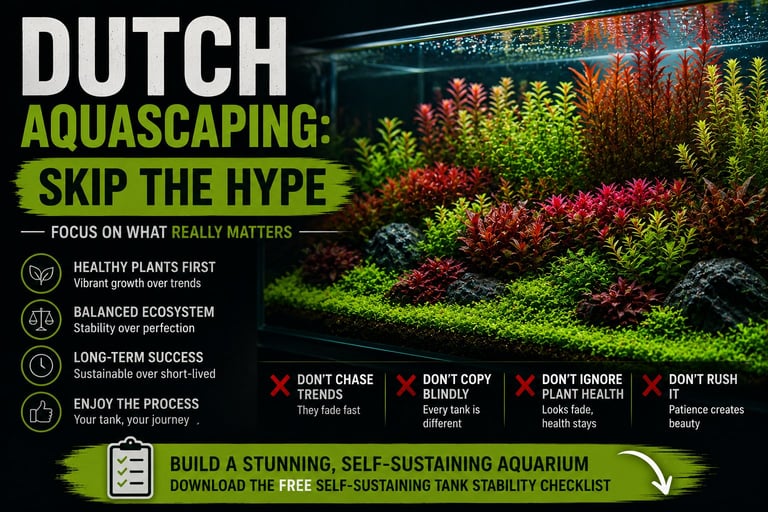 Dutch aquascaping guide showing principles for creating planted aquariums with lush green and red aquatic plants.
