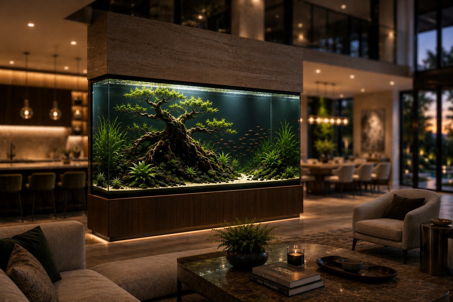 Large illuminated aquarium with lush aquatic plants in modern luxury living room with warm lighting and contemporary furnishings