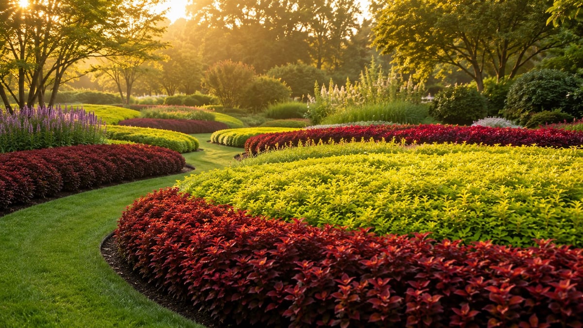 Formal botanical garden featuring large repeating groups of colorful plants, demonstrating how mass planting and repetition create balance, rhythm, and visual impact—the same design principle used in Dutch aquascapes.