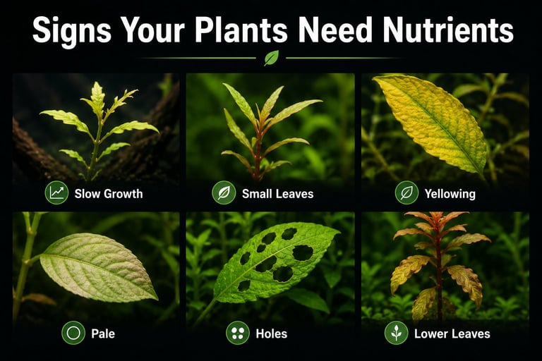 Clean visual guide showing six common signs of nutrient deficiency in aquarium plants, including slow growth, small new leaves, yellowing foliage, pale coloration, leaves with holes, and stem plants losing their lower leaves.