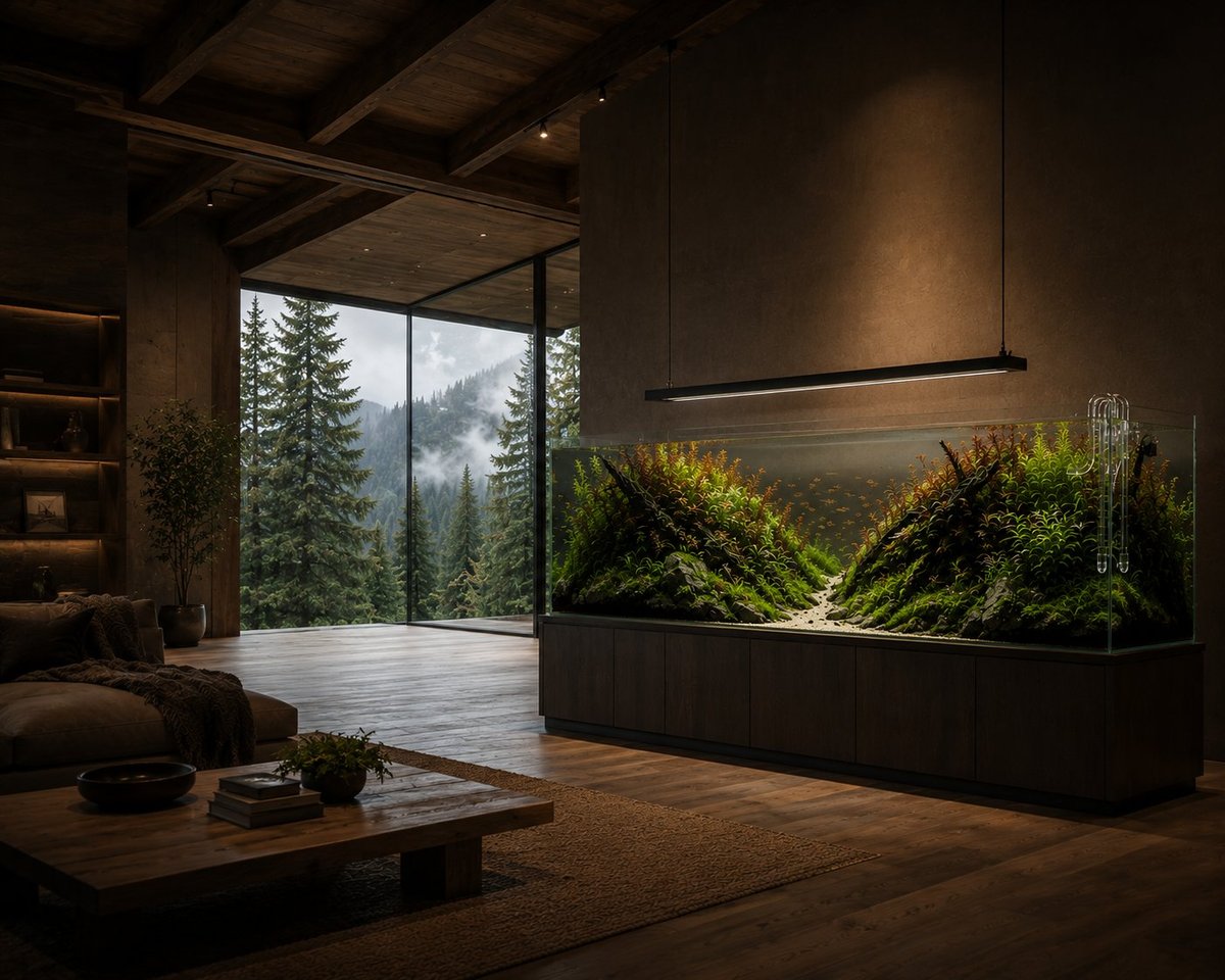 Large rimless planted aquarium featuring a lush jungle-style aquascape in a luxury Pacific Northwest home with warm cedar finishes, moody lighting, and expansive forest views. The aquarium includes dense aquatic plants, a natural valley composition, and ADA-style glass lily pipes.