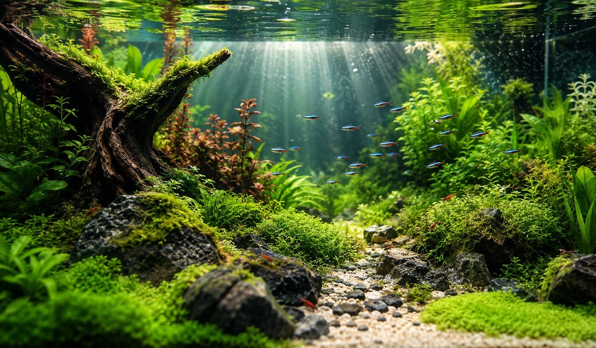 Self-sustaining freshwater aquarium with lush aquatic plants, moss-covered driftwood, natural riverbed, and schooling fish