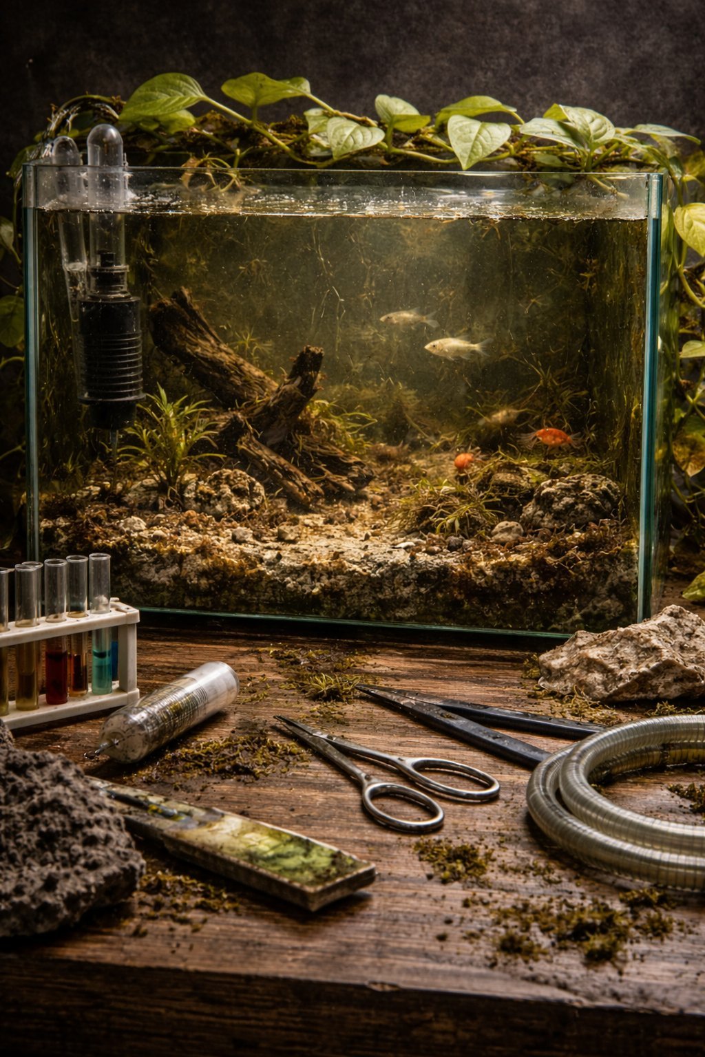 Aquarium setup on wooden surface with tank, substrate, plants, driftwood, filter tubing, and maintenance tools arranged for aquascaping