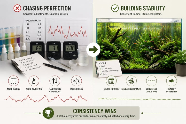 Infographic comparing constant aquarium parameter adjustments with a stable aquarium routine, illustrating how consistency and long-term balance create healthier ecosystems than chasing perfect numbers.